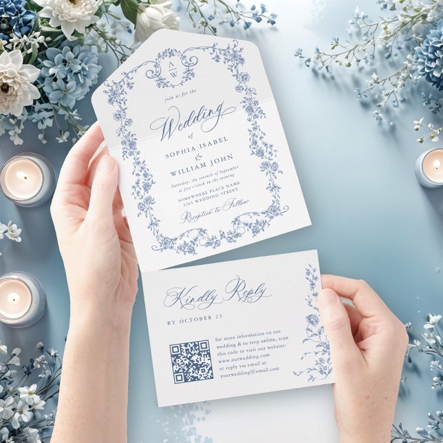 Invitación Todo En Uno Boda azul oxidado y floral de Grace (Subido por el creador)