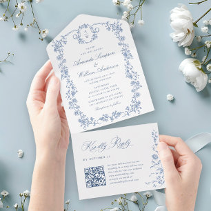 Invitación Todo En Uno Boda azul oxidado y floral de Grace