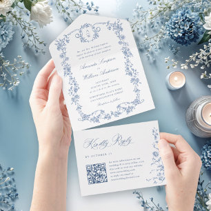 Invitación Todo En Uno Boda azul oxidado y floral de Grace