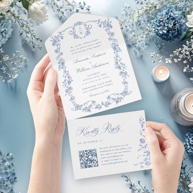 Invitación Todo En Uno Boda azul oxidado y floral de Grace (Subido por el creador)