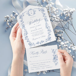 Invitación Todo En Uno Boda azul oxidado y floral de Grace