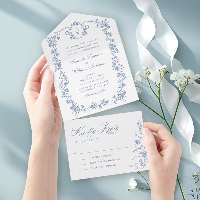 Invitación Todo En Uno Boda azul oxidado y floral de Grace (Subido por el creador)