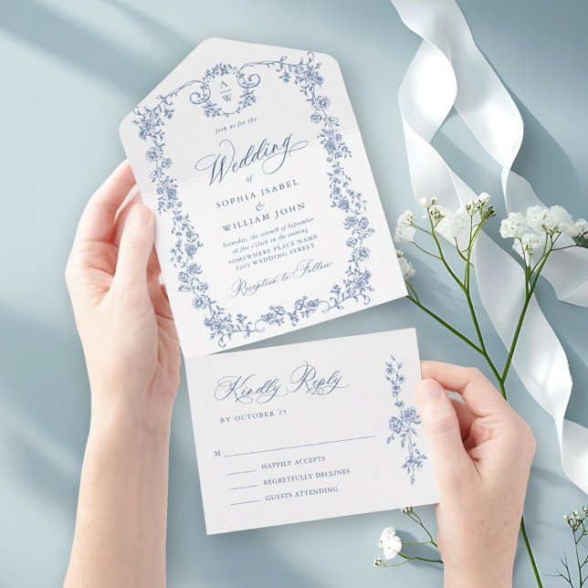 Invitación Todo En Uno Boda azul oxidado y floral de Grace (Subido por el creador)