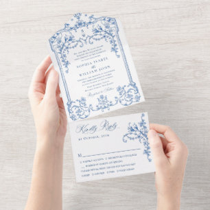 Invitación Todo En Uno Boda azul oxidado y floral de Grace