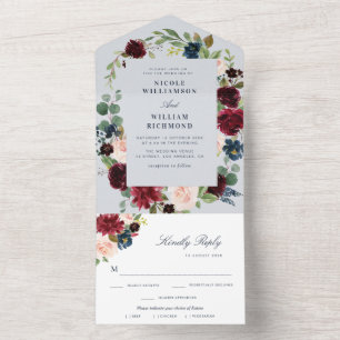 Invitación Todo En Uno boda azul polvoriento de burdeos