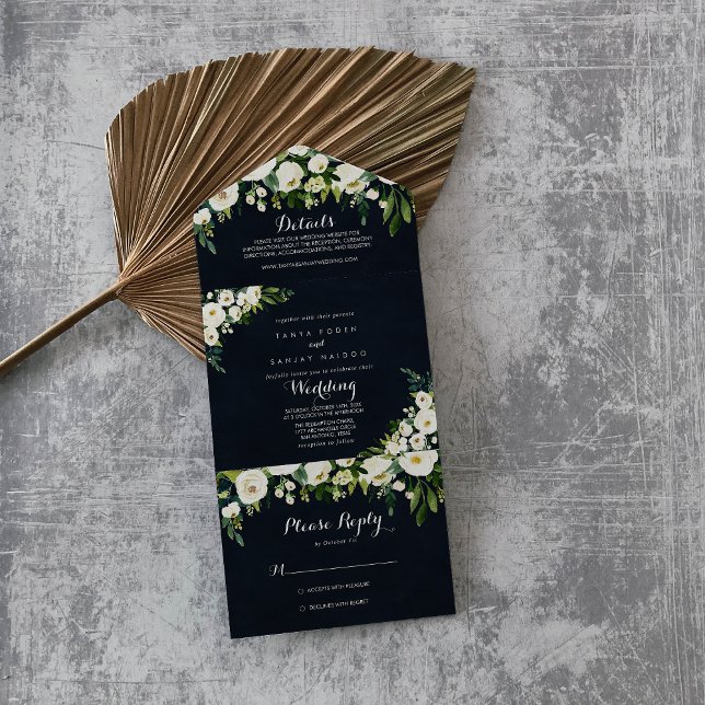 Invitación Todo En Uno Boda azul real floral blanca verde (Subido por el creador)