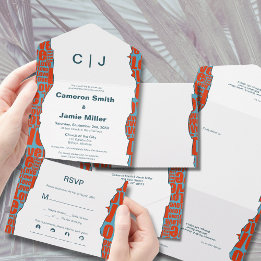 Invitación Todo En Uno Boda Azul Rojo Borde irregular de tipografía