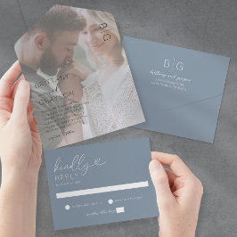 Invitación Todo En Uno Boda azul turbio de foto mínima