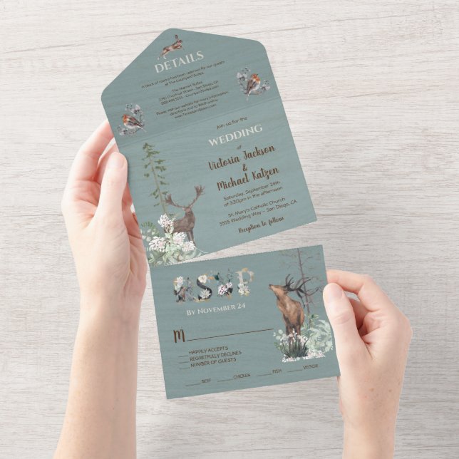 Invitación Todo En Uno Boda azul turbio de los animales del bosque de Woo (desgarro)