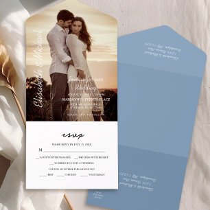 Invitación Todo En Uno Boda azul turbio elegante de fotografía moderna