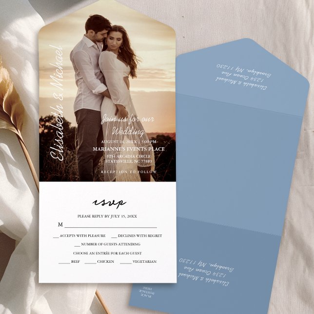 Invitación Todo En Uno Boda azul turbio elegante de fotografía moderna (Simplify your wedding with our all-in-one invitation – convenience and beauty in a single card.)