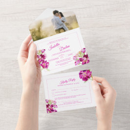 Invitación Todo En Uno Boda básico de color de agua de material rosa RSVP