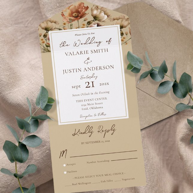 Invitación Todo En Uno Boda beige de flores silvestres acuáticas (Subido por el creador)
