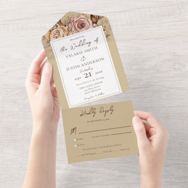 Invitación Todo En Uno Boda beige rosa buho floral (desgarro)