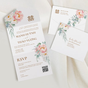 Invitación Todo En Uno Boda Bilingüe de Peonías Vietnamitas
