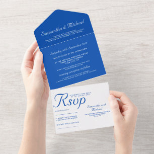 Invitación Todo En Uno Boda blanca azul cobalto simple limpia