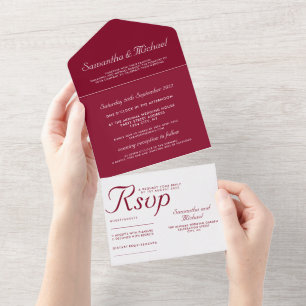 Invitación Todo En Uno Boda blanca Borgoña simple y limpia
