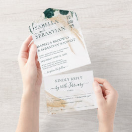 Invitación Todo En Uno Boda Blanca Responder Amablemente Rosa Esmeralda V
