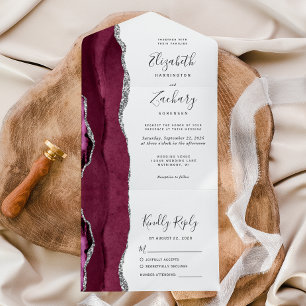 Invitación Todo En Uno Boda Blanco Ágata Plateada Borgoña