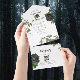 Invitación Todo En Uno Boda blanco de Rosas negros de Halloween góticos