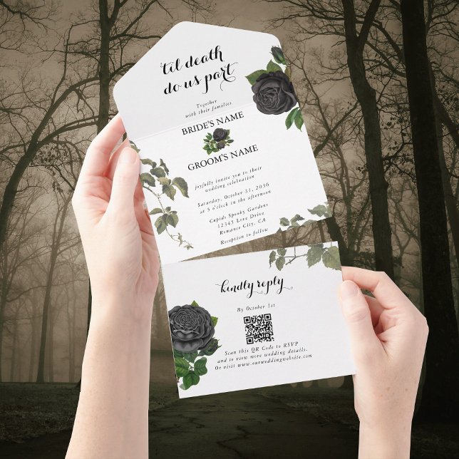 Invitación Todo En Uno Boda blanco de Rosas negros de Halloween góticos (Gothic Halloween Black Roses White Wedding All In One Invitation)