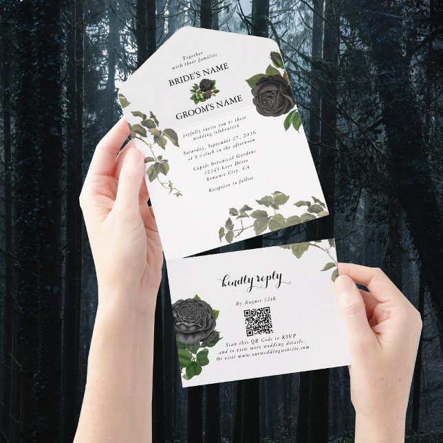 Invitación Todo En Uno Boda blanco de Rosas negros de Halloween góticos (Gothic Halloween Black Roses White Wedding All In One Invitation)