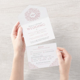Invitación Todo En Uno Boda blanco rosado hojas monograma discreto
