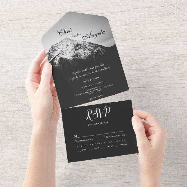 Invitación Todo En Uno Boda blanco y negro bajo las montañas (desgarro)