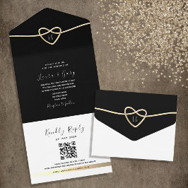 Invitación Todo En Uno Boda blanco y negro de corazón dorado
