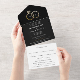 Invitación Todo En Uno Boda blanco y negro de los anillos de oro modernos