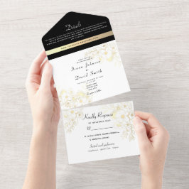 Invitación Todo En Uno Boda blanco y negro de oro vintage