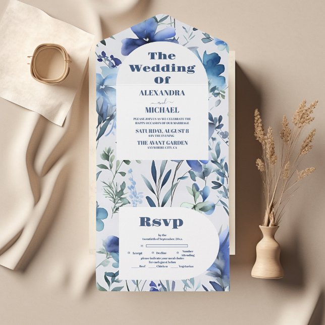 Invitación Todo En Uno Boda Blue Watercolor Periwinkle Wildflowers (Subido por el creador)