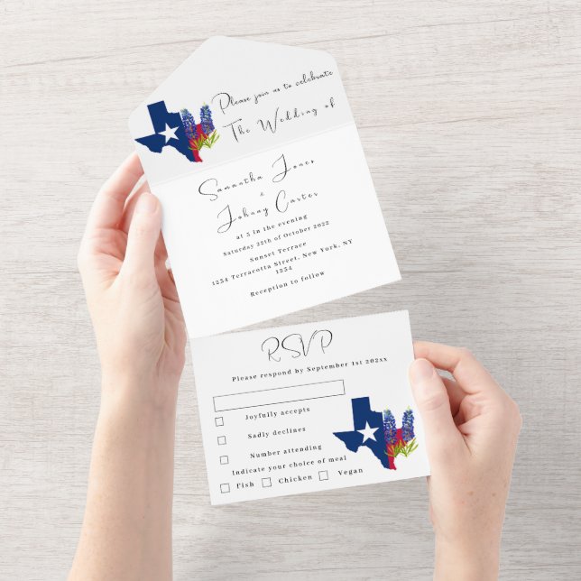 Invitación Todo En Uno Boda Blue Wildflower Floral Floral Texas (desgarro)