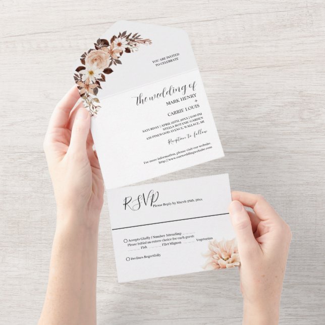 Invitación Todo En Uno Boda Bohemiana Floral Terracotta (desgarro)