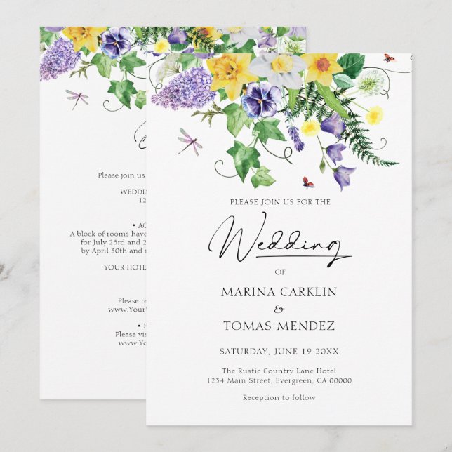 Invitación Todo en uno | Boda Bohemiano de Flores Silvestres (Anverso / Reverso)