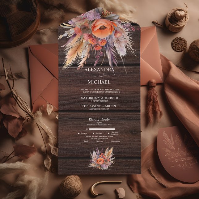 Invitación Todo En Uno Boda Boho Acuarela Hierba de Pampas (Subido por el creador)