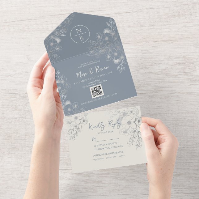 Invitación Todo En Uno Boda Boho Azul Polvoriento Vinca (desgarro)
