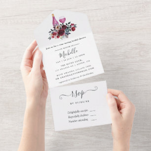 Invitación Todo En Uno Boda Boho Burgundy y Azul Marino Cata de Vino