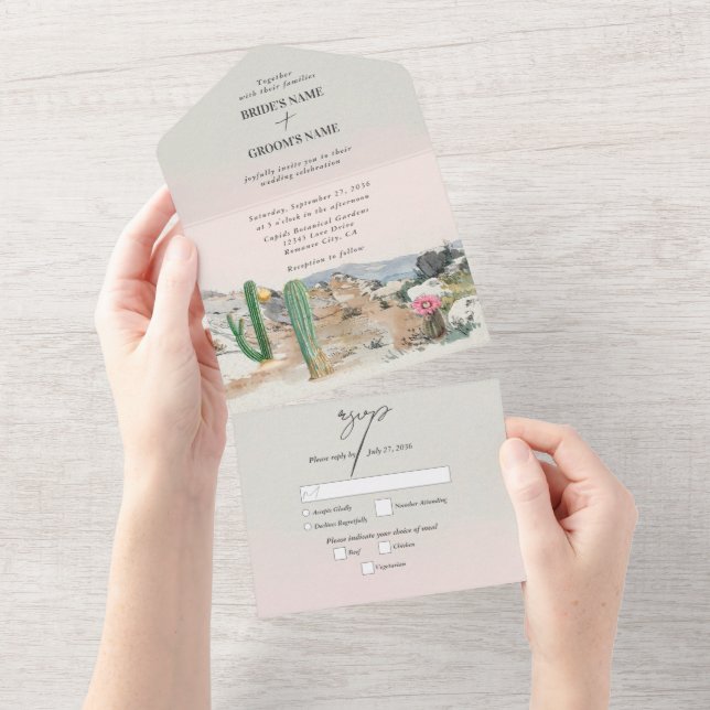 Invitación Todo En Uno Boda Boho Cactus Desierto Acuarela (desgarro)
