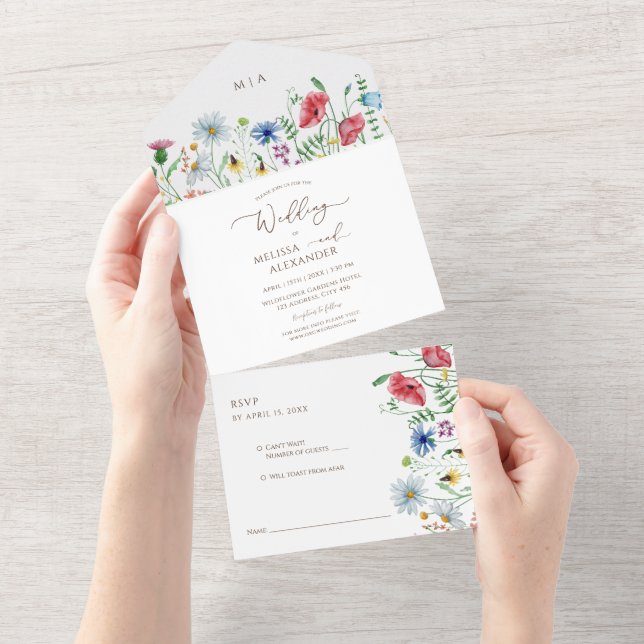Invitación Todo En Uno Boda boho de flores silvestres (desgarro)