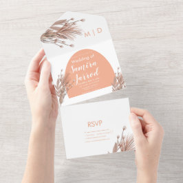 Invitación Todo En Uno Boda Boho de Forma de Arco Orgánica y Pampas