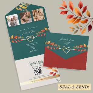 Invitación Todo En Uno Boda boho de otoño en naranja y turquesa