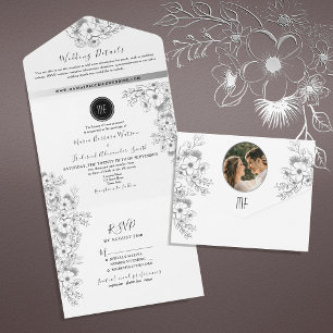 Invitación Todo En Uno Boda Boho en Blanco y Negro