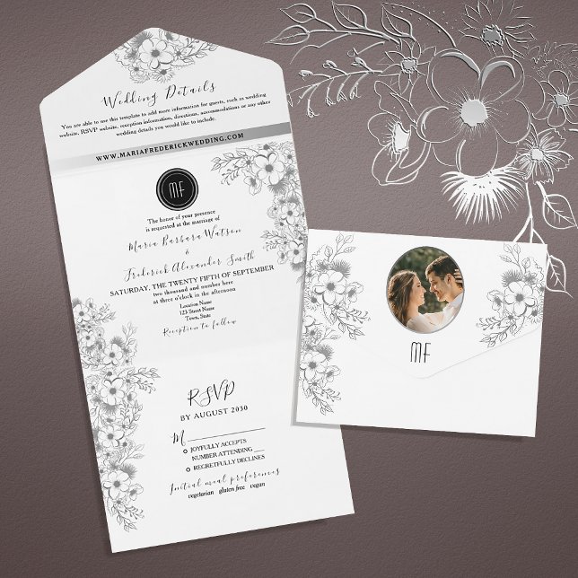 Invitación Todo En Uno Boda Boho en Blanco y Negro (Subido por el creador)