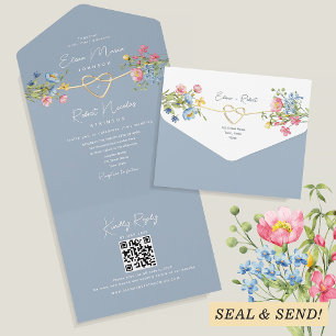 Invitación Todo En Uno Boda Boho Floral Azul Polvoriento