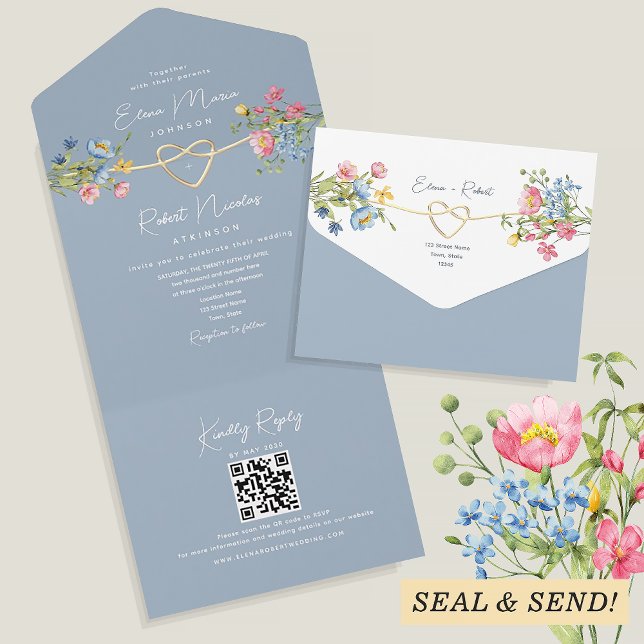 Invitación Todo En Uno Boda Boho Floral Azul Polvoriento (Subido por el creador)