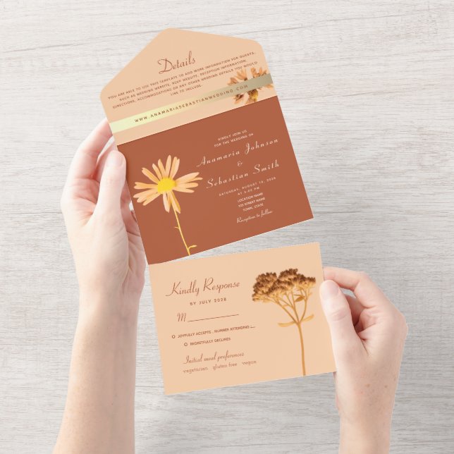 Invitación Todo En Uno Boda Boho Floral Naranja Quemada (desgarro)