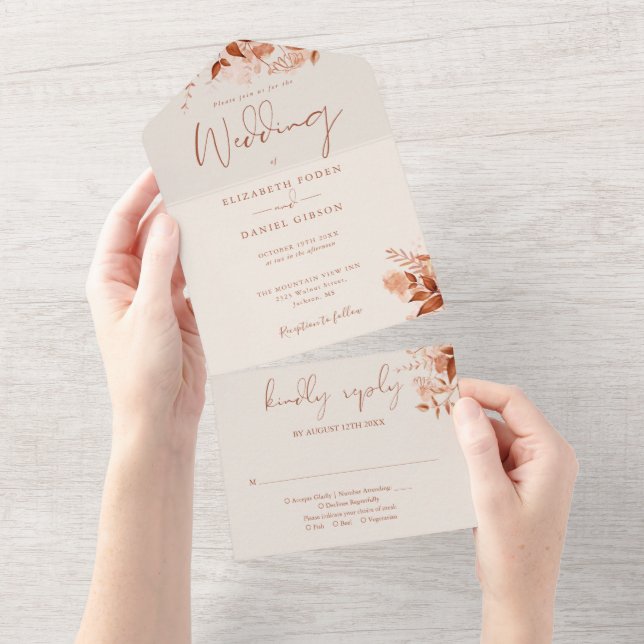 Invitación Todo En Uno Boda Boho Floral Otoño Rústico (desgarro)