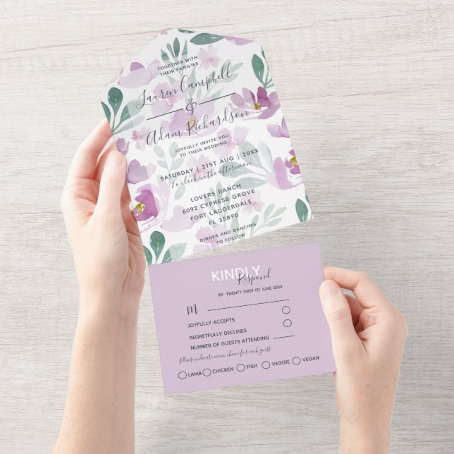 Invitación Todo En Uno Boda Boho Floral Purple Watercolor (desgarro)