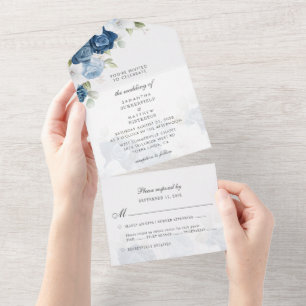 Invitación Todo En Uno Boda Boho Floral Verde Polvoriento Azul